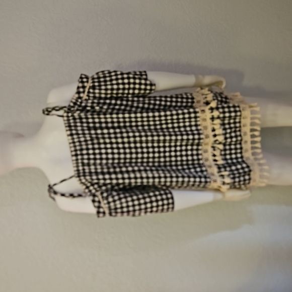DOE & RAE Black Check Lace Tassel Off Shoulder Bardot Blouse Large - Picture 4 of 9